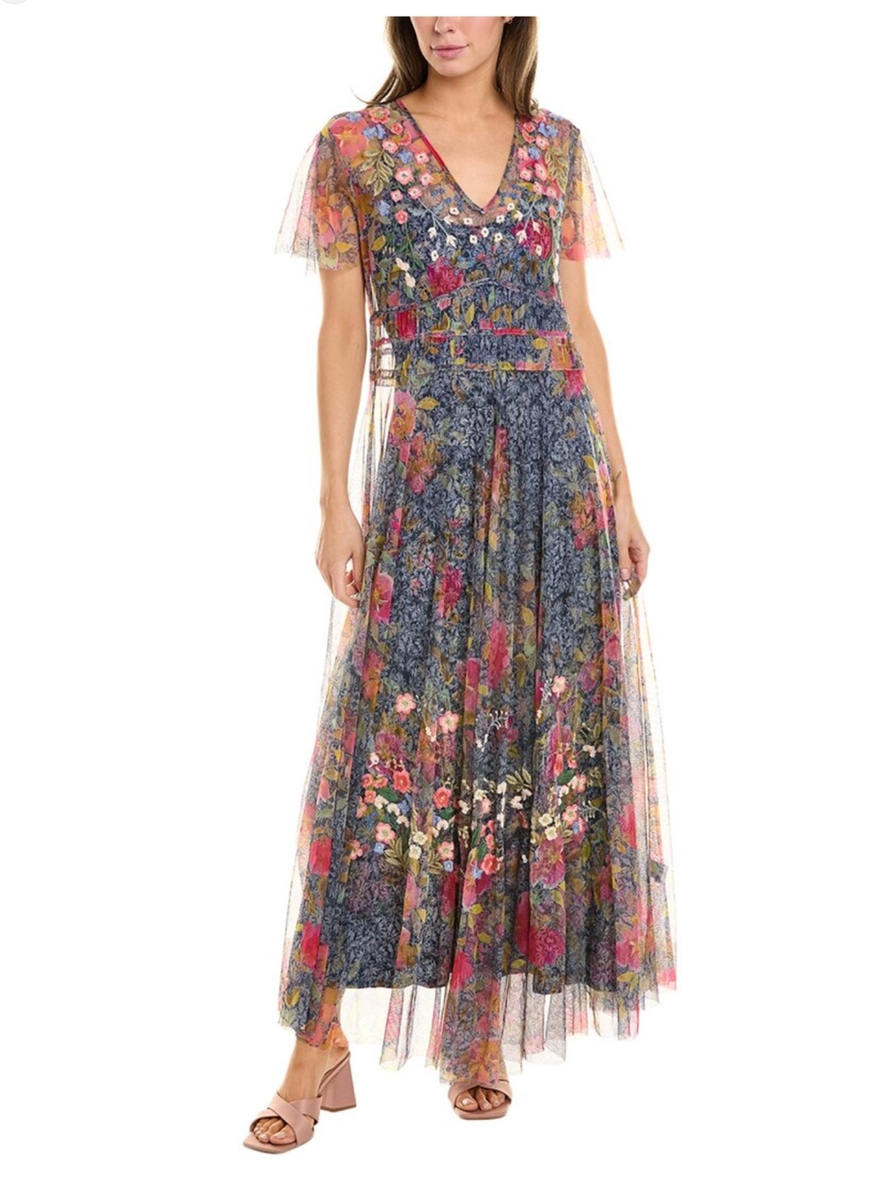 Biya Johnny Was Maxi Dress Blue Floral Sheer Embroidered Mesh Maxi Dress, M/L